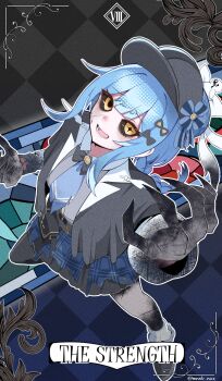 Rule 34 | 1girl, asymmetrical legwear, bird hat ornament, black capelet, black hat, black pantyhose, black sclera, black shoes, blue hair, blue necktie, blue skirt, braid, capelet, colored extremities, colored sclera, commentary, deerstalker, detective, fingernails, hat, highres, looking at viewer, magical girl, mahou shoujo no majo saiban, mononobe nekuro, mosaic pattern, necktie, open mouth, pantyhose, plaid clothes, plaid skirt, sharp fingernails, shoes, short hair, single leg pantyhose, skirt, smile, solo, spoilers, stained glass, strength (tarot), symbol-shaped pupils, tachibana sherry, tarot, torn clothes, witch (manosaba)