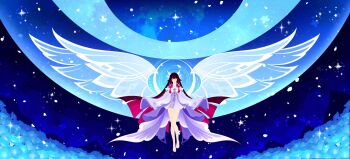 1girl bare_shoulders barefoot black_hair columbina_(genshin_impact) commentary dress english_commentary ffluvy floating full_body genshin_impact hair_ornament highres long_hair long_sidelocks multicolored_hair oversized_wings purple_hair sidelocks solo very_long_hair white_dress wing_hair_ornament wings