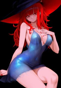 1girl arm_support black_background black_hat blue_dress breasts closed_mouth commentary dress ear_piercing english_commentary expressionless feet_out_of_frame fingernails hand_on_own_chest hat highres invisible_chair large_breasts long_fingernails long_hair looking_at_viewer nail_polish navel original piercing red_eyes red_hair red_nails see-through_clothes see-through_dress short_dress simple_background sitting sleeveless sleeveless_dress solo val_(yan_kodiac) witch_hat yan_kodiac