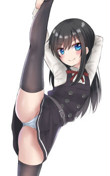 >:) 1girl arms_behind_head asashio_(kancolle) asashio_kai_ni_(kancolle) belt black_hair black_thighhighs blue_eyes blue_panties blush buttons dress hair_between_eyes holding kantai_collection leg_up long_hair long_sleeves looking_at_viewer neck_ribbon panties pinafore_dress red_ribbon ribbon sasakura_(calicchio) shirt simple_background sleeveless sleeveless_dress smile solo split standing standing_on_one_leg standing_split thighhighs underwear white_background white_shirt