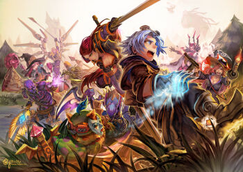 5boys 5girls absurdres armor artist_name b.c.n.y. baron_nashor beard blade blue_eyes blue_hair boots breasts cape cleavage colored_skin elise_(league_of_legends) ezreal facial_hair ghost goggles goggles_on_head grass green_eyes gun hair_over_one_eye hat highres jax_(league_of_legends) katarina_(league_of_legends) kayle_(league_of_legends) kha'zix league_of_legends long_hair lulu_(league_of_legends) crime_city_miss_fortune mask multiple_boys multiple_girls nocturne_(league_of_legends) open_mouth pantheon_(league_of_legends) polearm purple_skin red_hair ryze miss_fortune_(league_of_legends) scar scroll shield short_hair spear tattoo teemo weapon wings witch_hat yellow_eyes yordle