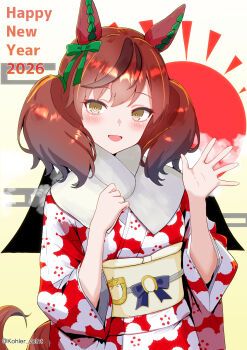 1girl akeome animal_ears blue_bow blush bow breasts brown_eyes brown_hair ear_bow ear_covers green_bow happy_new_year highres horse_ears horse_girl horse_tail japanese_clothes kimono long_sleeves looking_at_viewer medium_hair multicolored_hair nengajou new_year nice_nature_(umamusume) obi open_mouth red_kimono sash smile solo streaked_hair tail tesura_(teslamk2) twintails umamusume waving