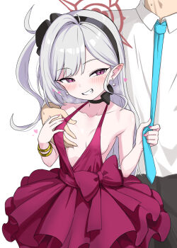 1boy 1girl blue_archive blush breasts dress earrings grabbing_another's_breast grey_hair groping hair_ornament hairband halo highres jewelry loli long_hair mesugaki mutsuki_(blue_archive) mutsuki_(dress)_(blue_archive) necktie pants pointy_ears ponytail sensei_(blue_archive) shirt side_ponytail simple_background small_breasts smile tie_pull white_background zaxwu