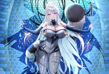 1girl absurdres black_gloves blue_eyes bodysuit breasts cable cleavage commission deogho_(liujinzy9854) elbow_gloves fingerless_gloves gloves gluteal_fold grey_bodysuit highres large_breasts long_hair original ponytail raccoon_tail shadow smile sparks tail thigh_gap white_hair