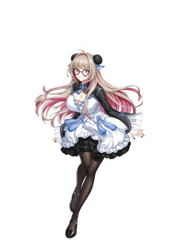 1girl absurdres ahoge black-framed_eyewear black_nails black_pantyhose black_shoes black_shrug blonde_hair bow braid breasts bun_cover cleavage closers collared_shrug colored_inner_hair crop_top double_bun floating_hair full_body glasses grin hair_bow hair_bun high-waist_skirt highres large_breasts layered_skirt leg_up long_hair looking_at_viewer mandarin_collar mary_janes midriff_peek miniskirt multicolored_hair official_art pantyhose pink_eyes pink_hair purple_bow round_eyewear shirt shoes shrug_(clothing) side_braid skirt skirt_bow sleeves_past_wrists smile solo standing standing_on_one_leg streaked_hair tachi-e teardrop-framed_glasses teeth white_background white_shirt wide_sleeves yoon_ria_(closers)