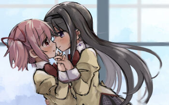 2girls akemi_homura black_hair black_skirt blue_sky bow bowtie commentary_request hands_up highres imminent_kiss interlocked_fingers juliet_sleeves kaname_madoka leaning_forward long_hair long_sleeves looking_at_another mahou_shoujo_madoka_magica mahou_shoujo_madoka_magica_(anime) mitakihara_school_uniform multiple_girls parted_lips pink_hair plaid_clothes plaid_skirt puffy_sleeves purple_eyes red_bow red_bowtie school_uniform shirt short_hair short_twintails skirt sky tearing_up twintails window yellow_shirt yuri yuukarirakkumasuki