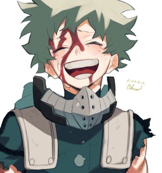 Rule 34 | 1boy, absurdres, blood, blood on face, blush, boku no hero academia, chacha (ochaco gnsn), commentary request, crying, dated, freckles, green hair, highres, injury, male focus, midoriya izuku, open mouth, short hair, simple background, smile, solo, tears, teeth, tongue, torn clothes, torn sleeves, upper body, white background