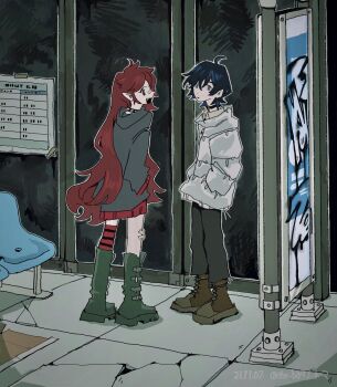 1boy 1girl :d ahoge bandaid bandaid_on_face bandaid_on_knee bandaid_on_leg bandaid_on_nose black_choker black_pants blue_eyes blue_hair boots brown_boots bus_stop caelum_(utatatane) choker collar commission commissioner_upload dated fang felicitee_(utatatane) full_body green_boots grey_hoodie hands_in_pockets highres hood hoodie jacket looking_at_viewer non-web_source open_mouth original pants pointy_ears red_eyes red_hair red_skirt single_sock skirt smile socks spiked_collar spikes striped_clothes striped_socks touma_(the_ba97) twitter_username white_jacket