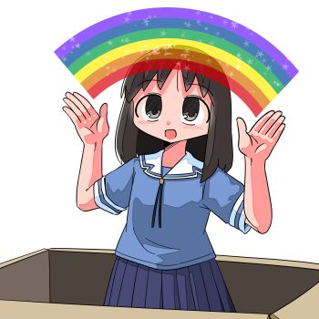 Rule 34 | 1girl, :d, absurdres, azumanga daioh's school uniform, azumanga daiou, black eyes, black hair, blue serafuku, blue shirt, blue skirt, blush, box, cardboard box, commentary request, cowboy shot, hands up, highres, imagination spongebob (meme), in box, in container, kasuga ayumu, kasuya baian, medium hair, meme, open mouth, parody, partial commentary, pleated skirt, rainbow, sailor collar, school uniform, serafuku, shirt, short sleeves, skirt, smile, solo, spongebob squarepants (series), standing, star (symbol), white background, white sailor collar