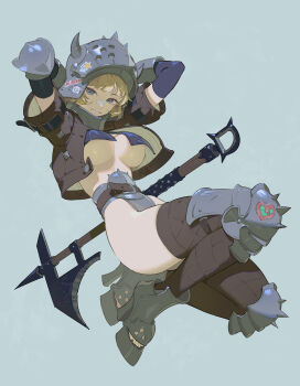 1girl armored_boots blue_eyes boots breasts commentary cropped_jacket english_commentary halberd helmet high_heels highres knee_armor original polearm short_hair simple_background solo thighs timbougami underboob weapon
