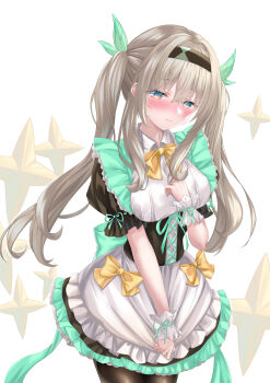 1girl absurdres alternate_costume alternate_hairstyle apron black_corset black_hairband black_pantyhose blush bow breasts closed_mouth corset dress firefly_(honkai:_star_rail) frilled_apron frilled_sleeves frills grey_hair hair_between_eyes hair_ornament hairband highres honkai:_star_rail honkai_(series) large_breasts long_hair maid maid_apron momomochi_(839140926) multicolored_eyes orange_bow pantyhose pink_eyes puffy_short_sleeves puffy_sleeves pulling pulling_own_clothes short_sleeves simple_background solo twintails two-tone_eyes waist_apron white_apron white_background wrist_cuffs