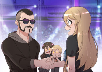 +_+ 2boys 2girls absurdres arms_around_neck azur_lane bismarck_(azur_lane) black_hair black_jacket black_pants black_shirt black_skirt blonde_hair blue_eyes canned_sardines closed_mouth commentary commission english_commentary facial_hair goatee hair_between_eyes handshake highres hood hooded_jacket jacket joakim_broden long_hair long_sleeves medium_hair mohawk mother_and_daughter mother_and_son multiple_boys multiple_girls mustache open_mouth original pants real_life sabaton_(band) shirt short_hair short_sleeves siblings skirt sunglasses teeth upper_teeth_only zipper