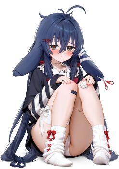 1girl absurdres ahoge animal_ears artist_request bandaged_knees bandaged_leg bandages bandaid bandaid_on_leg black_shirt blue_hair blush cameltoe choppy_bangs closed_mouth commentary commentary_request dog_ears english_commentary full_body grey_eyes hair_between_eyes hair_intakes hair_ornament hairclip hands_on_own_knees heart heart_hair_ornament highres indie_virtual_youtuber knees_up layered_sleeves long_bangs long_hair long_sleeves looking_at_viewer loose_socks messy_hair no_pants panties parallel_hairclips pawshies_(vtuber) sailor_collar scissors second-party_source shirt short_over_long_sleeves short_sleeves simple_background sitting socks solo striped_clothes striped_shirt underwear very_long_hair white_background white_panties white_sailor_collar white_socks