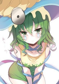 Rule 34 | 1girl, absurdres, between legs, breasts, breasts squeezed together, cowboy shot, dress, emia (castilla), from above, green dress, green hair, hair between eyes, hand between legs, hannakii, hat, highres, jitome, kimi ga shine, long hair, looking at viewer, medium breasts, sleeveless, sleeveless dress, solo, two-tone dress, wavy hair, witch hat, yellow dress