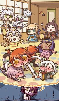 >_< 6+girls ahoge animal_ears artoria_pendragon_(fate) black_jacket blonde_hair blue_bow blue_gloves blue_kimono blush blush_stickers bow braid brown_hair bun_with_braided_base chaldea_uniform chibi chibi_only closed_eyes clothes_writing commentary crazy creature dagger eggplant expressionless extra_arms extra_legs facepaint fate/grand_order fate_(series) fou_(fate) fujimaru_ritsuka_(female) gloves green_eyes hagoita hair_bow hair_ornament hair_scrunchie hane_(hanetsuki) hanetsuki headband headpiece heart holding holding_paddle holding_paintbrush jack_the_ripper_(fate/apocrypha) jacket japanese_clothes jeanne_d'arc_(fate) karuta_(card_game) kimono knife knife_in_head knifed leonardo_da_vinci_(caster)_(fate) leonardo_da_vinci_(fate) long_hair long_sleeves low-tied_long_hair low-tied_sidelocks maria_the_ripper mash_kyrielight mash_kyrielight_(demi-servant) medium_hair multiple_girls new_year nitocris_(fate) nude obi object_through_head official_art olga_marie_animusphere one_side_up open_mouth orange_hair orange_pantyhose orange_scrunchie paddle paintbrush pajamas pantyhose parted_bangs pink_pajamas pointing purple_hair rabbit_ears red_sash riyo_(lyomsnpmp) saber_(fate) sash scrunchie seiza short_hair sidelocks single_braid sitting smile speech_bubble standing third-party_source thought_bubble wall-eyed weapon white_hair white_jacket wide_sleeves yellow_pajamas yuri |_|