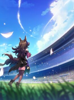 1girl absurdres animal_ears artist_request audience back_bow bare_shoulders beret black_boots black_bow blue_hat blue_sky boots bow cloud confetti day detached_sleeves dress floating_clothes floating_hair flower footwear_bow frilled_sleeves frills from_behind full_body game_cg grass grey_flower grey_thighhighs hat hat_flower high_heel_boots high_heels highres horse_ears horse_girl horse_tail lace lace-trimmed_dress lace-trimmed_thighhighs lace_trim large_bow light_particles long_hair long_sleeves mini_hat official_art outdoors pink_sleeves purple_dress rice_shower_(rosy_dreams)_(umamusume) rice_shower_(umamusume) running_track short_dress sky sleeveless sleeveless_dress solo standing tail tail_raised thighhighs umamusume