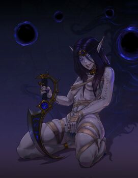 1girl bandages breasts commentary covering_privates dagger darkness elf english_commentary grin highres knife long_hair medium_breasts naked_bandage pointy_ears purple_hair ribs rune_tattoo seiza sitting smile solo trainerjet void_elf warcraft weapon world_of_warcraft xal'atath