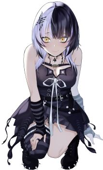 Rule 34 | 1girl, absurdres, arm warmers, asymmetrical legwear, bare shoulders, belt, black belt, black boots, black choker, black dress, black hair, black thighhighs, boots, breasts, chest belt, choker, cleavage, closed mouth, collarbone, commentary, dress, english commentary, grey hair, hair ornament, highres, hololive, hololive english, jewelry, kneeling, large breasts, long hair, looking at viewer, mahiruuu, multicolored hair, ring, shiori novella, shiori novella (1st costume), short dress, sleeveless, sleeveless dress, smile, solo, split-color hair, streaked hair, striped clothes, striped thighhighs, thighhighs, transparent background, two-tone hair, uneven legwear, virtual youtuber, yellow eyes