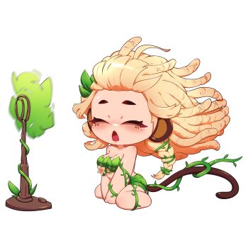 1girl absurdres animal_ears bananajuju blonde_hair brown_tail closed_eyes dreadlocks highres indie_virtual_youtuber leaf_bra leaf_skirt long_hair monkey_ears monkey_girl monkey_tail open_mouth paimo plant plant_clothing simple_background sitting solo tail vines virtual_youtuber wariza white_background