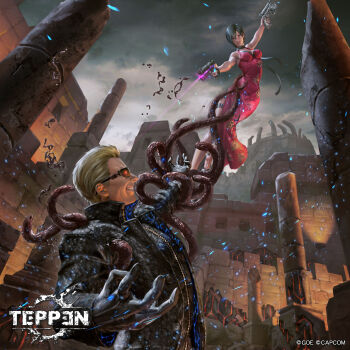 1boy 1girl ada_wong albert_wesker asian blonde_hair bodysuit capcom castle chinese_clothes cloud cloudy_sky dress gloves glowing glowing_eyes grappling_hook gun handgun highres horror_(theme) jacket leather leather_jacket monster monster_boy night official_art pistol red_dress red_eyes resident_evil resident_evil_4 resident_evil_5 ruins short_hair sky sunglasses tentacles teppen uroboros_(resident_evil) weapon yu_cheng_hong