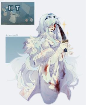 1girl black_hairband blood blood_on_clothes blood_on_face bloody_knife blue_hair coat commentary dress english_commentary eunoia_(frozen_soul) frozen_soul fur_coat hairband holding holding_knife hong_tanght knife long_hair open_mouth roblox round_eyewear simple_background smile very_long_hair wavy_hair white-framed_eyewear white_background white_coat white_dress