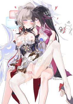 2girls artist_name black_bow black_collar black_hair black_sleeves blood blue_eyes blush bonnet bow breasts breasts_out brown_hair collar colored_inner_hair columbina_(genshin_impact) commentary detached_collar detached_sleeves dress feet_out_of_frame fingering frilled_sleeves frills garter_straps genshin_impact gloves hair_bow hair_flaps hair_ornament halation_pupils half_gloves hand_on_another's_knee heart highres huanxiangfengmi09151 leg_lift leg_up long_hair luonnotar_(genshin_impact) medium_breasts multicolored_hair multiple_girls nipple_stimulation nipple_tweak nipples parted_lips purple_eyes purple_hair purple_streaks pussy pussy_juice reach-around sandrone_(genshin_impact) short_hair_with_long_locks sign simple_background spread_legs streaked_hair thighhighs twitching uncensored unusually_open_eyes very_long_hair warning_sign white_background white_bow white_dress white_gloves white_headdress white_thighhighs wing_hair_ornament wrist_bow yuri
