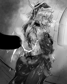 Rule 34 | 1girl, arknights, ass, backless dress, backless outfit, cum, dress, geist43195783, highres, monochrome, nun, sketch, solo, whisperain (arknights), whisperain (priory of abyss) (arknights)