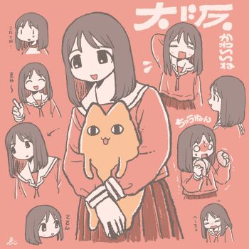 Rule 34 | > <, 1girl, :3, :d, azumanga daioh's school uniform, azumanga daiou, black eyes, black hair, closed eyes, commentary request, ebiebi, multiple expressions, flying sweatdrops, highres, holding, holding stuffed toy, kasuga ayumu, long hair, long sleeves, mihama chiyo's father, multiple views, o o, open mouth, pink background, pink serafuku, pink shirt, pleated skirt, red skirt, sailor collar, school uniform, scratching head, serafuku, shirt, simple background, skirt, smile, standing, stuffed animal, stuffed cat, stuffed toy, surprised, sweatdrop, translation request, trembling, upper body, white sailor collar
