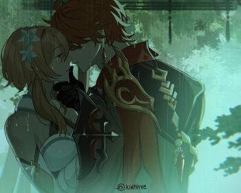 1boy 1girl absurdres bare_shoulders black_gloves blonde_hair closed_eyes couple crying dress earrings flower from_side genshin_impact gloves hair_flower hair_ornament hand_on_another's_chin hetero highres holding imminent_kiss jewelry kinphyre looking_at_another lumine_(genshin_impact) open_mouth orange_hair rain red_scarf scarf short_hair tartaglia_(genshin_impact) upper_body water_drop white_dress white_flower