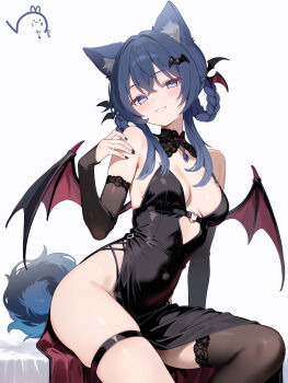 Rule 34 | 1girl, absurdres, animal ear fluff, animal ears, artist logo, bare shoulders, bed, bed sheet, black dress, black nails, black thighhighs, black wings, blue gem, blue hair, braid, braided hair rings, breasts, breasts apart, collarbone, commentary request, commission, covered navel, demon girl, demon wings, detached sleeves, dress, feathered wings, gem, hair intakes, hair ornament, hair rings, hand up, head tilt, highres, iriam, lace, lace-trimmed collar, lace-trimmed thighhighs, lace trim, logo, long hair, long sleeves, looking at viewer, medium breasts, nail polish, on bed, parted lips, pelvic curtain, purple eyes, side slit, sideboob, sidelocks, simple background, single thighhigh, sitting, skeb commission, smile, snow-yuuki, solo, tail, thigh strap, thighhighs, thighs, two-sided dress, two-sided fabric, virtual youtuber, white background, wing hair ornament, wings