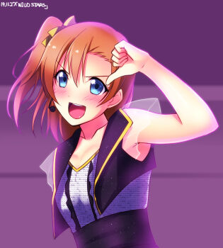 10s 1girl :d blush collarbone dated female_focus headset highres kosaka_honoka love_live! love_live!_school_idol_festival love_live!_school_idol_project nitta_emi open_mouth orange_hair see-through_clothes short_hair side_ponytail smile solo song_name upper_body voice_actor_connection wild_stars yu-ta