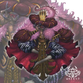 1boy absurdres acrylic_paint_(medium) alternate_costume armlet artist_logo beret black_jacket black_pants blonde_hair blue_nails cape coat commentary crown donquixote_doflamingo earrings english_commentary fingernails gold_armlet grin hat hat_feather highres jacket jewelry logo long_fingernails long_sleeves male_focus muscular muscular_male one_piece open_clothes open_jacket oversized_clothes painting_(medium) pants pink_coat puffy_long_sleeves puffy_sleeves red_cape short_hair smile solo teeth traditional_media two-tone_pants wafalo zoom_layer