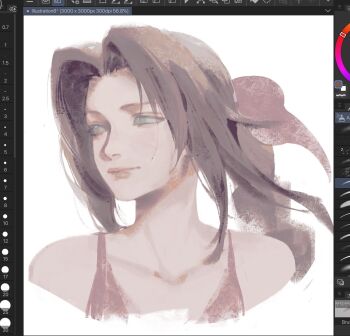 1girl aerith_gainsborough art_program_in_frame bare_shoulders braid braided_ponytail brown_hair closed_mouth collarbone dress final_fantasy final_fantasy_vii hair_ribbon highres light_smile long_hair lyrah parted_bangs pink_dress pink_lips pink_ribbon ribbon sidelocks single_braid sketch solo upper_body white_background