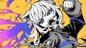 1girl aegyo_sal ahoge angry animal_ear_fluff animal_ears arm_at_side arm_up blue_eyes breasts bright_pupils cat_ears cat_girl clenched_hand collar commentary_request eyelashes facing_viewer film_grain fingernails halftone high_contrast highres hololive long_sleeves looking_at_viewer looking_back looking_to_the_side medium_hair nekomata_okayu nekomata_okayu_(1st_costume) omao open_mouth partially_colored pink_liquid puffy_long_sleeves puffy_sleeves purple_liquid second-party_source shirt shun-ran_(vocaloid) simple_background small_breasts solo teeth torn_clothes torn_shirt tsurime uneven_eyes upper_body v-shaped_eyebrows virtual_youtuber yellow_background