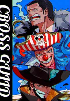 3boys black_hair blue_background blue_hair buggy_the_clown cigar closed_mouth commentary crocodile_(one_piece) dracule_mihawk evil_smile facial_hair hair_slicked_back hat hat_feather highres hook_hand long_hair looking_at_viewer makeup male_focus multiple_boys mustache one_piece pirate_hat red_nose ringed_eyes smile smoke sparkle twitter_username we_0 yellow_eyes