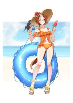 1girl animal_ears bare_shoulders bikini blush breasts brown_eyes brown_hair cleavage closed_mouth cup disposable_cup flower food hair_between_eyes hashtag-only_commentary hat hat_flower highres holding holding_cup holding_food holding_popsicle holding_swim_ring horse_ears horse_girl horse_tail innertube looking_at_viewer medium_breasts multicolored_hair navel orange_bikini popsicle sandals short_hair smile solo stomach streaked_hair sun_hat swim_ring swimsuit tail umamusume watermelon_bar white_hair yaeno_muteki_(umamusume) yoino_iyo