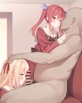 1boy 2girls bar_censor blonde_hair blue_eyes blush censored clothed_female_nude_male commentary_request faceless faceless_male fellatio girl_on_top group_sex hair_ribbon hetero long_hair matsubara_yuuna mizuno-go multiple_girls nude oda_nanami open_mouth oral penis red_eyes red_hair ribbon school_uniform sex smegma sono_hanabira_ni_kuchizuke_wo spread_legs st._michael&#039;s_school_uniform straddling twintails