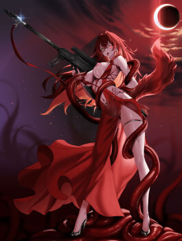 Rule 34 | 1girl, anti-materiel rifle, bar censor, barrett m82a2, black shoes, breasts, bullpup, censored, commission, dress, eclipse, gleam, goddess of victory: nikke, gun, hand on own hip, heterochromia, high heels, highres, holding, holding gun, holding weapon, lactation, large breasts, long hair, mad kimo, navel, nipples, red dress, red eyes, red hair, red hood (nikke), red hood (nonsense red) (nikke), red nails, rifle, saliva, shoes, sniper rifle, solo, tail, tentacles, thigh strap, tongue, tongue out, weapon, yellow eyes