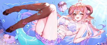 1girl absurdres ahoge bikini blue_nails bracelet breasts brown_eyes bubble drowsenss fins fish_tail hair_intakes highres hooves horns indie_virtual_youtuber jewelry long_hair luvkitt_(vtuber) navel_piercing one_eye_closed open_mouth piercing shell shell_bikini smile solo swimsuit tail virtual_youtuber