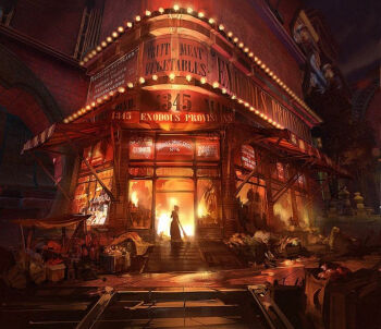 1girl ben_lo bioshock bioshock_(series) bioshock_infinite box burning cardboard_box cart close-up concept_art english_text fire food limited_palette market_stall movie_theater outdoors painterly scenery silhouette solo stairs sweeping towel two-point_perspective
