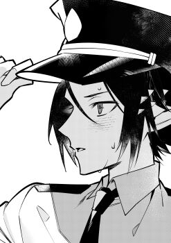 Rule 34 | 1boy, 676643396dolce, absurdres, adjusting clothes, adjusting headwear, alternate costume, arknights, blush, chinese commentary, collared shirt, commentary request, embarrassed, greyscale, hat, highres, looking to the side, male focus, monochrome, necktie, parted lips, peaked cap, pointy ears, police, police uniform, shirt, short hair, solo, sweat, upper body, zuo le (arknights)