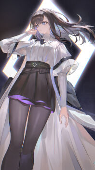 1girl absurdres arknights black_background black_pantyhose black_skirt brown_hair hair_between_eyes highres lab_coat long_hair pantyhose priestess_(arknights) puranetto_(vjun4748) purple_eyes shirt skirt solo thighs white_shirt
