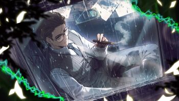 Rule 34 | 1boy, beard stubble, black necktie, brown eyes, brown hair, bug, cigar, cockroach, collared shirt, facial hair, game cg, glasses, gregor's cockroach (project moon), gregor (project moon), grey jacket, grey pants, grey vest, highres, insect, jacket, library of ruina, limbus company, nai ga, necktie, night awls (identity) (project moon), official art, pants, peg leg, project moon, rain, shirt, short hair, smoke, smoking, solo, striped clothes, striped vest, stubble, vertical-striped clothes, vertical-striped vest, vest, white shirt, window