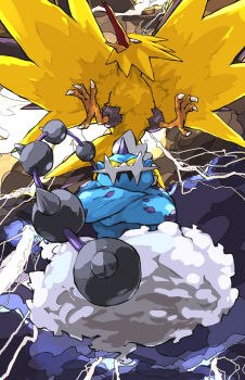 absurdres animal_focus aomon_(yuuji7604) beak bird bright_pupils cloud colored_sclera commentary_request crossed_arms gen_1_pokemon gen_5_pokemon highres horns legendary_pokemon lightning nintendo no_humans pokemon pokemon_(creature) single_horn talons thundurus thundurus_(incarnate) white_pupils wings yellow_eyes yellow_fur yellow_sclera zapdos