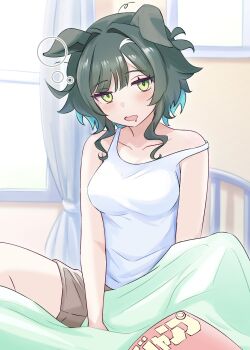 Rule 34 | 1girl, animal ears, bed, book, breasts, collarbone, commentary request, funamori, green eyes, green hair, hair between eyes, hair ornament, highres, horse ears, horse girl, kiseki (umamusume), looking at viewer, medium breasts, medium hair, shirt, sleepy, solo, umamusume, window