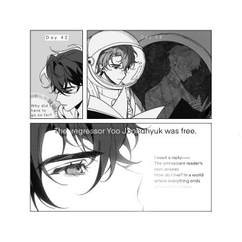 2boys astronaut black_hair book coat different_reflection english_text greyscale head_tilt helmet highres holding holding_book kim_dokja monochrome multiple_boys omniscient_reader&#039;s_viewpoint open_book reflection short_hair space_helmet spacesuit twle yoo_joonghyuk