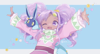 Rule 34 | 1girl, arms up, blush, commentary request, creature, dress, flower, highres, long hair, looking at viewer, ma i ika, meredy (tales), one eye closed, open mouth, purple eyes, purple hair, quickie (tales), smile, solo, tales of (series), tales of eternia, twintails