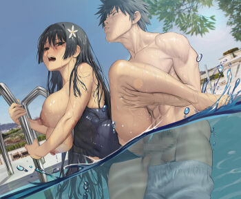 1boy 1girl alternate_breast_size black_hair blue_sky breasts censored covered_navel flower hair_flower hair_ornament hetero highres jeneral kamijou_touma large_breasts leg_lift lens_flare long_hair male_swimwear male_swimwear_pull mosaic_censoring navel nipples outdoors paid_reward_available partially_underwater_shot penis pool pool_ladder saten_ruiko school_swimsuit sex short_hair sky spiked_hair splashing standing standing_sex swimsuit toaru_kagaku_no_railgun toaru_majutsu_no_index wet white_flower