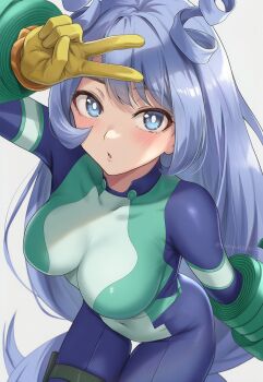 Rule 34 | 1girl, blue eyes, blue hair, blush, bodysuit, boku no hero academia, breasts, commentary request, drill hair, gloves, hado nejire, hair horns, hetero, highres, large breasts, long hair, looking at viewer, navel, open mouth, simple background, solo, twin drills, very long hair, white background, yukino110802
