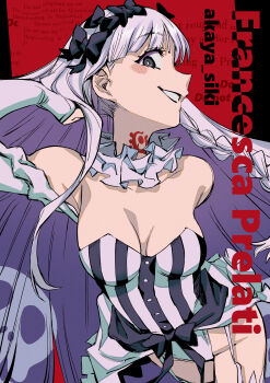 Rule 34 | 1girl, absurdres, akaya shiki, arm up, artist name, bare shoulders, black dress, black eyes, blush stickers, braid, braided sidelock, breasts, character name, collar, colored inner hair, commentary, cowboy shot, detached sleeves, dress, fate/strange fake, fate (series), francesca prelati (fate), frilled collar, frills, garter straps, grin, hand in own hair, highres, long hair, long sidelocks, looking at viewer, looking to the side, medium breasts, multicolored hair, neck tattoo, patterned hair, purple hair, red background, sidelocks, skull print, smile, solo, strapless, strapless dress, striped clothes, striped dress, tattoo, two-tone dress, two-tone hair, vertical-striped clothes, vertical-striped dress, very long hair, white collar, white dress, white garter straps, white hair, white sleeves